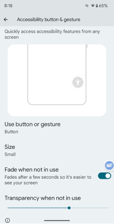 Reading Mode Settings Accessibility Button & Gesture