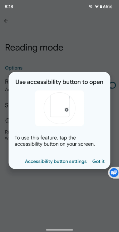 Reading Mode Settings Accessibility Button